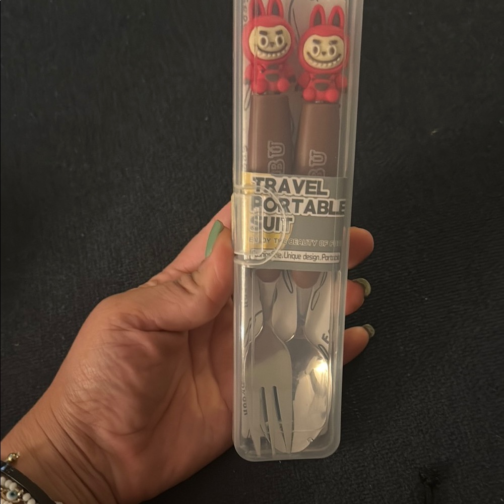 Brown Travel Cutlery Set with Red Cat Design